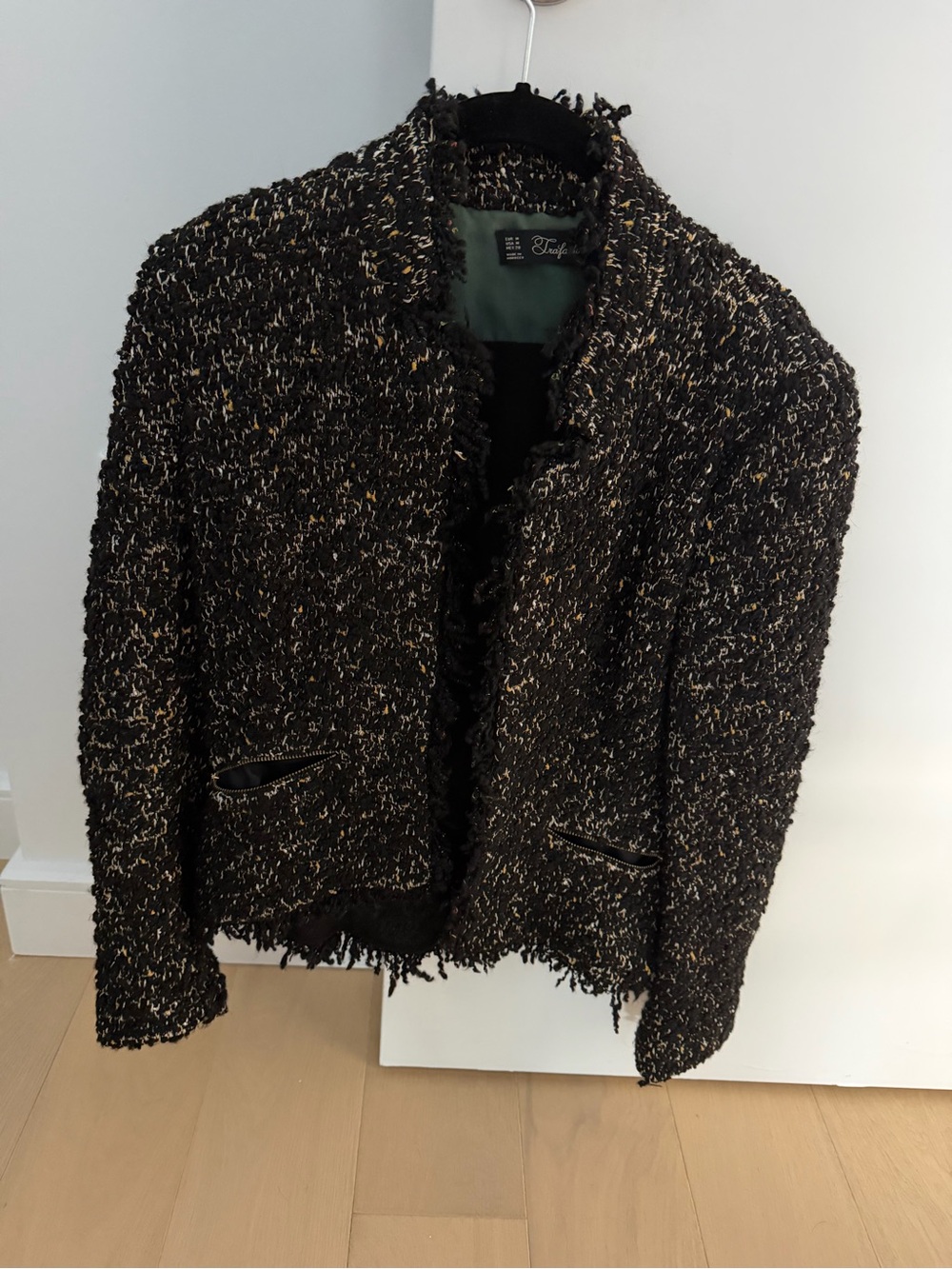Zara Black Bouclé Fringe Open-Front Blazer with Cream Flecks